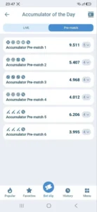 1xBet Android app screenshot: Accumulator of the Day with ready-made pre-match odds