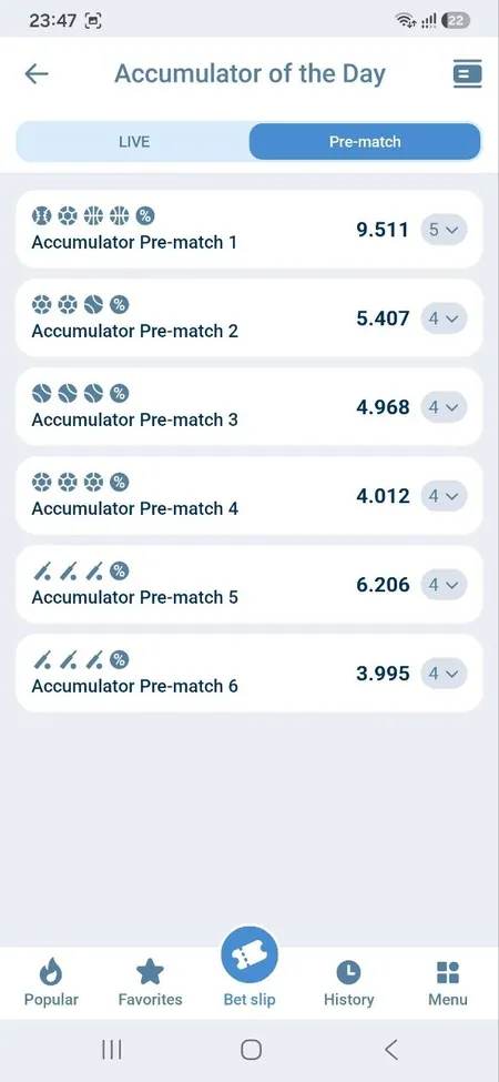 1xBet Android app screenshot: Accumulator of the Day with ready-made pre-match odds