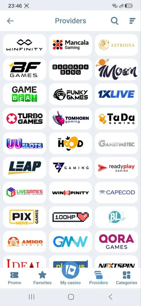 1xBet Android app screenshot: list of casino game providers