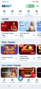 1xBet Android app screenshot: casino lobby with 1XLIVE, popular slots and live casino