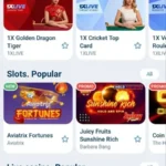 1xBet Android app screenshot: casino lobby with 1XLIVE, popular slots and live casino