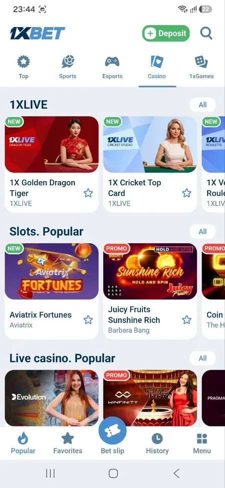 1xBet Android app screenshot: casino lobby with 1XLIVE, popular slots and live casino