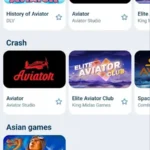 1xBet Android app screenshot: game search for Aviator showing slots and crash games