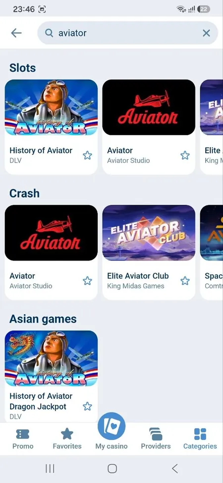 1xBet Android app screenshot: game search for Aviator showing slots and crash games