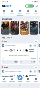 1xBet Android app screenshot: eSports section with CS2, Dota 2, League of Legends and Valorant