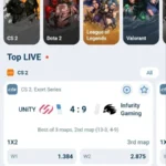1xBet Android app screenshot: eSports section with CS2, Dota 2, League of Legends and Valorant