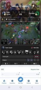 1xBet Android app screenshot: League of Legends eSports live stream with 1X2 odds