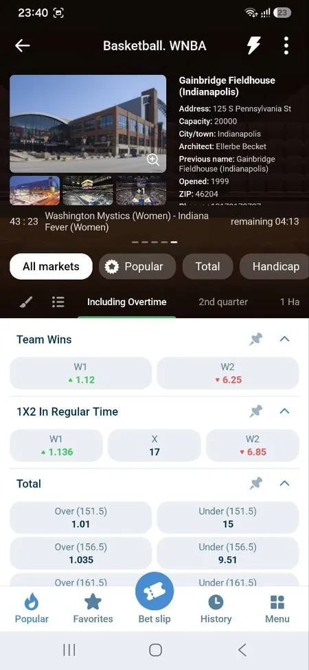 1xBet Android app screenshot: live WNBA basketball match with arena info, 1X2 and total markets