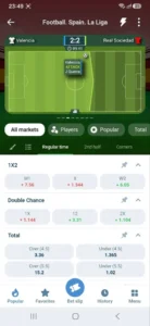 1xBet Android app screenshot: live football match tracker with 1X2, double chance and total markets