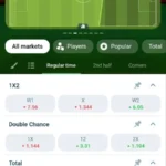 1xBet Android app screenshot: live football match tracker with 1X2, double chance and total markets