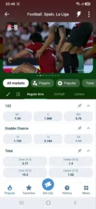 1xBet Android app screenshot: live video stream of a La Liga match with betting markets below