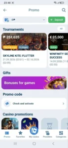 1xBet Android app screenshot: promo section with tournaments, bonuses for games and promo code check