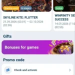 1xBet Android app screenshot: promo section with tournaments, bonuses for games and promo code check