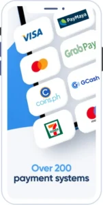 1xBet iOS app screenshot: payment methods including GCash, PayMaya, GrabPay, coins.ph and 7-Eleven