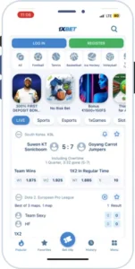 1xBet iOS app screenshot: home screen with live events, sports tabs and promo stories