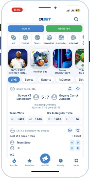 1xBet iOS app screenshot: home screen with live events, sports tabs and promo stories