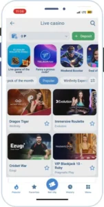 1xBet iOS app screenshot: live casino lobby with Evolution, Ezugi and Pragmatic Play tables