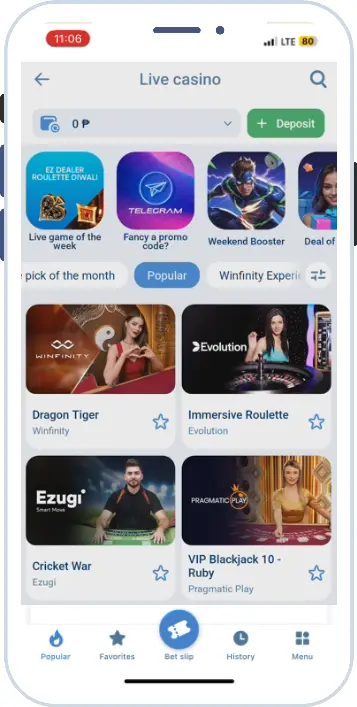 1xBet iOS app screenshot: live casino lobby with Evolution, Ezugi and Pragmatic Play tables