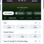 1xBet iOS app screenshot: match page with 1X2, double chance and qualify markets