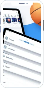 1xBet iOS app screenshot: sports list with football, ice hockey, badminton and esports